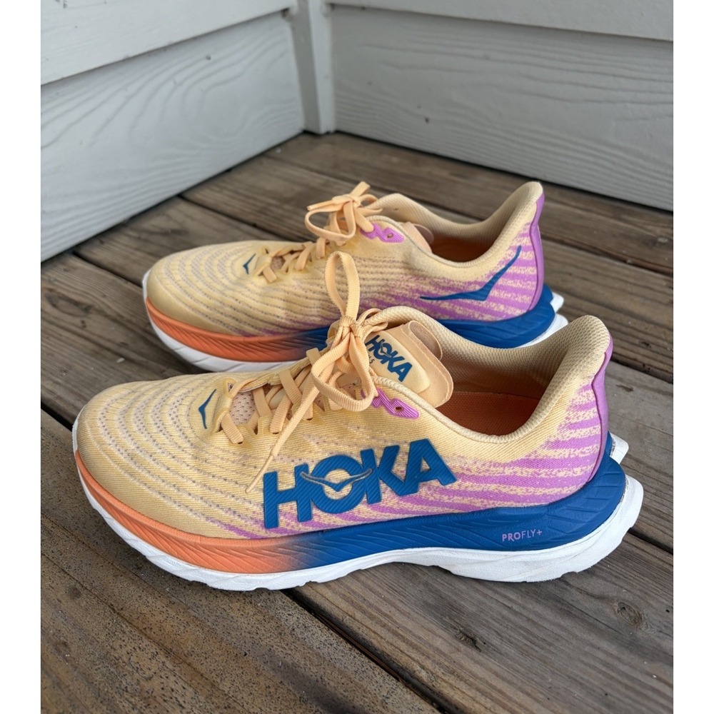 HOKA Mach 5 Running Shoes Womens 9.5 Peach Pink Blue Road Running Sneakers